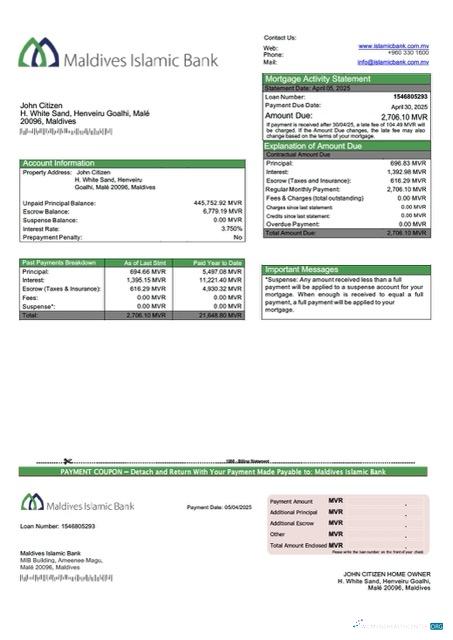 Download Maldives Islamic Bank mortgage statement Word and PDF template Photoshop template